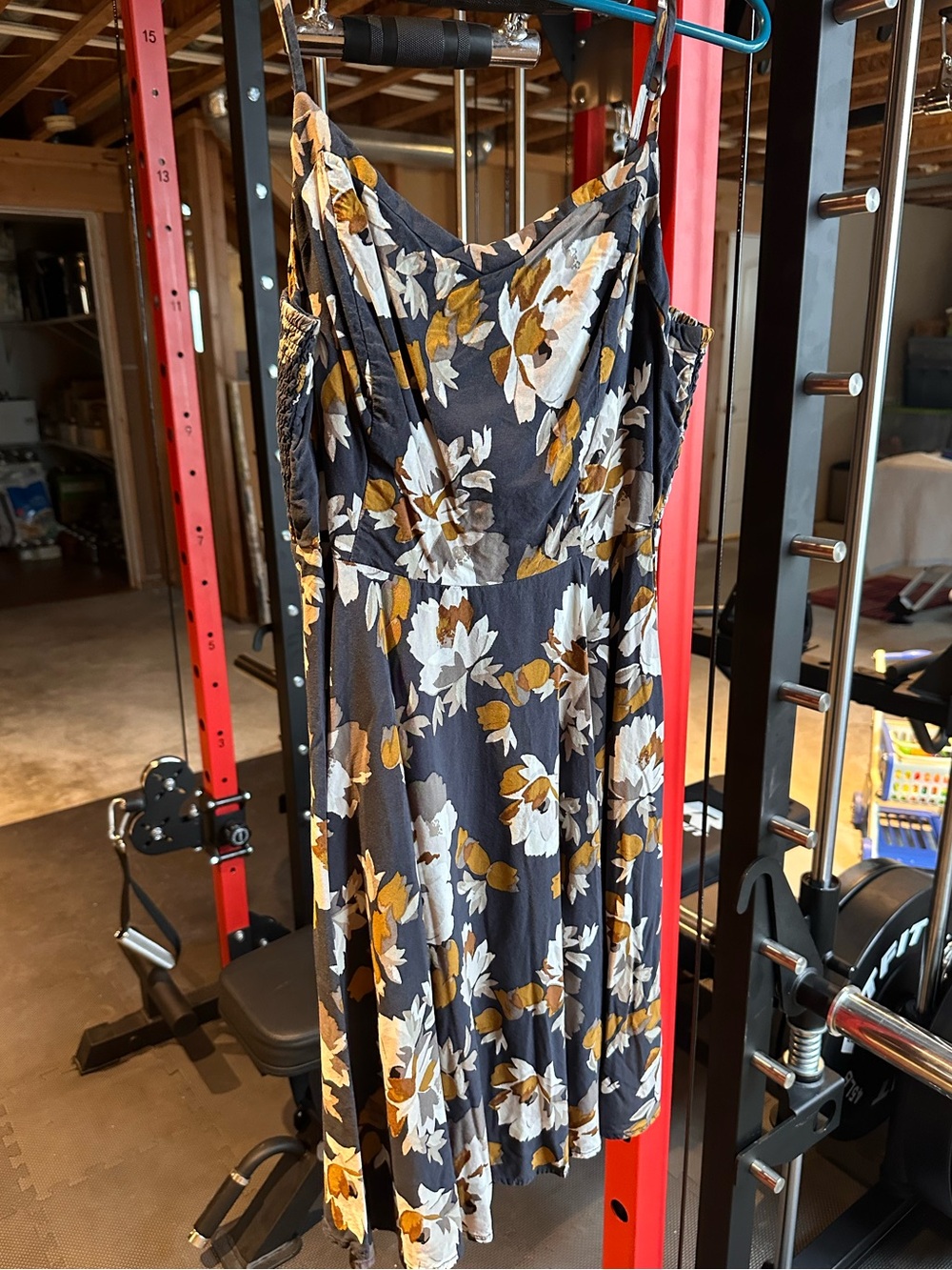 Floral Spaghetti-Strap Midi Dress in Dusty Blue and Mustard